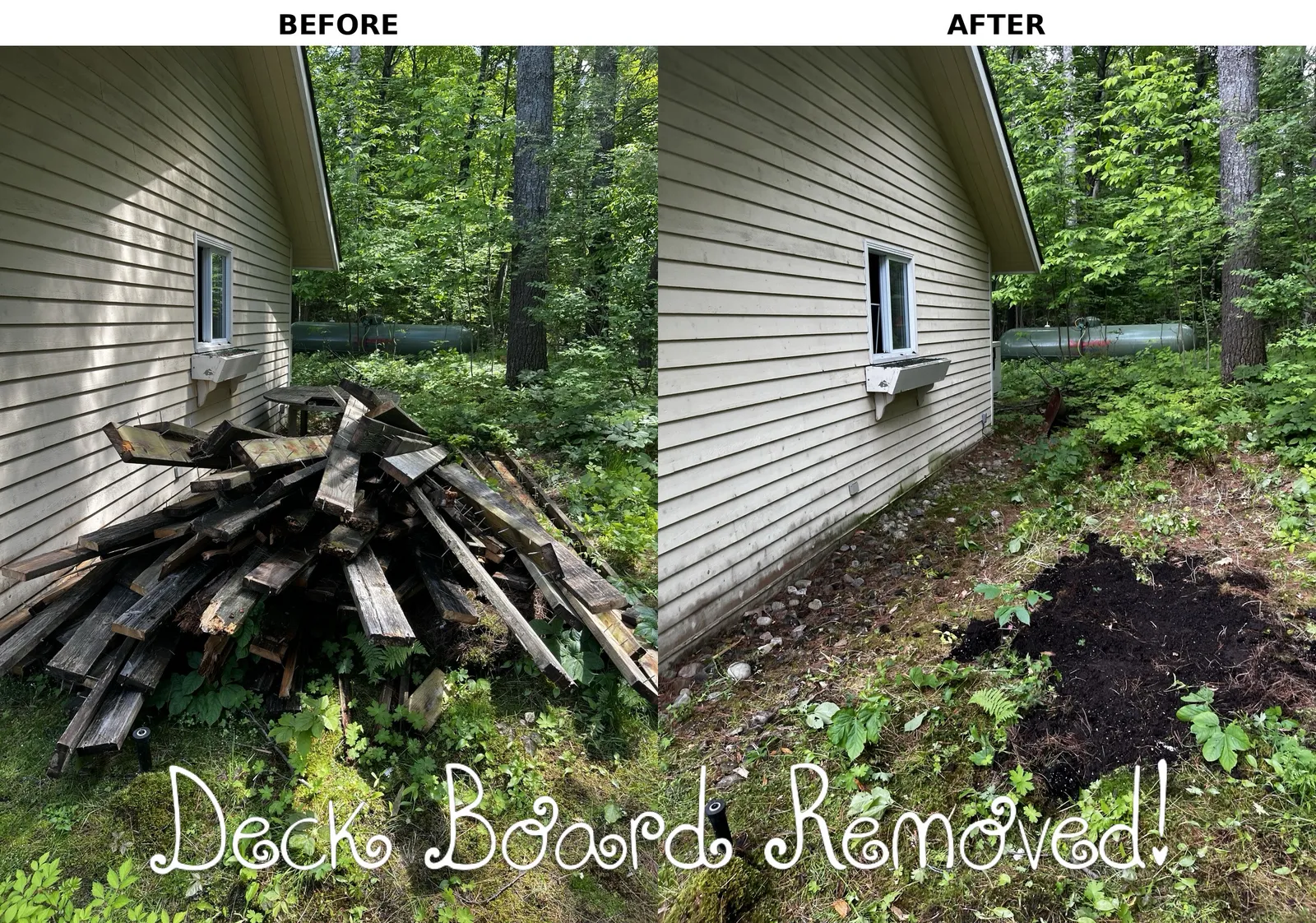 Before and after: a pile of old deck boards beside a cottage, removed down to bare ground