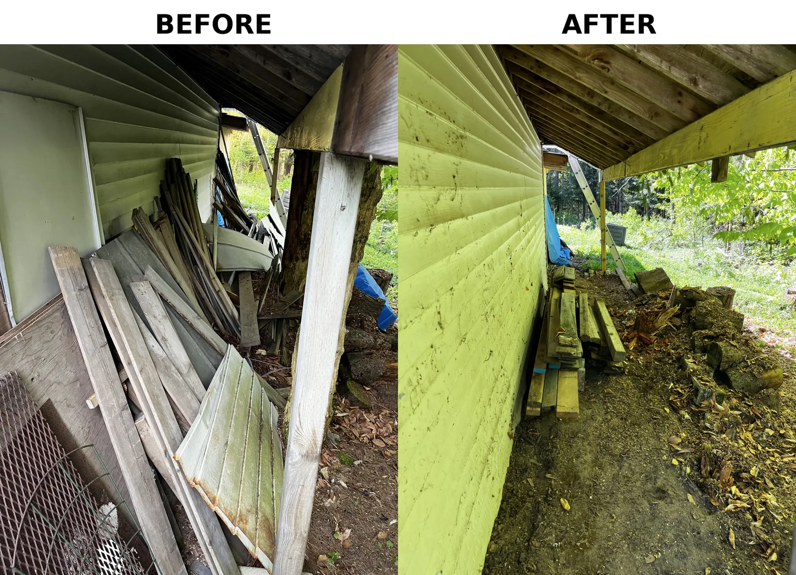 Before and after: scrap lumber piled against a shed wall, fully cleaned out