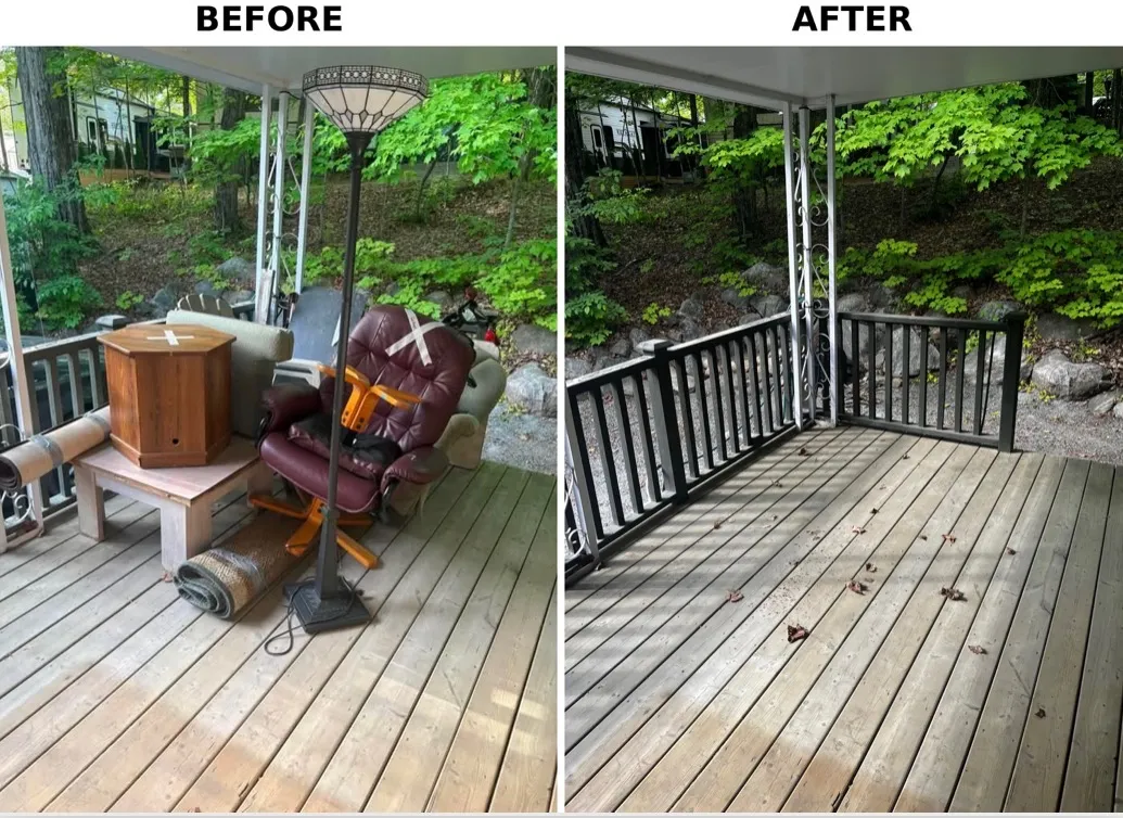 Before and after: a covered porch cluttered with old furniture, cleared to an empty deck
