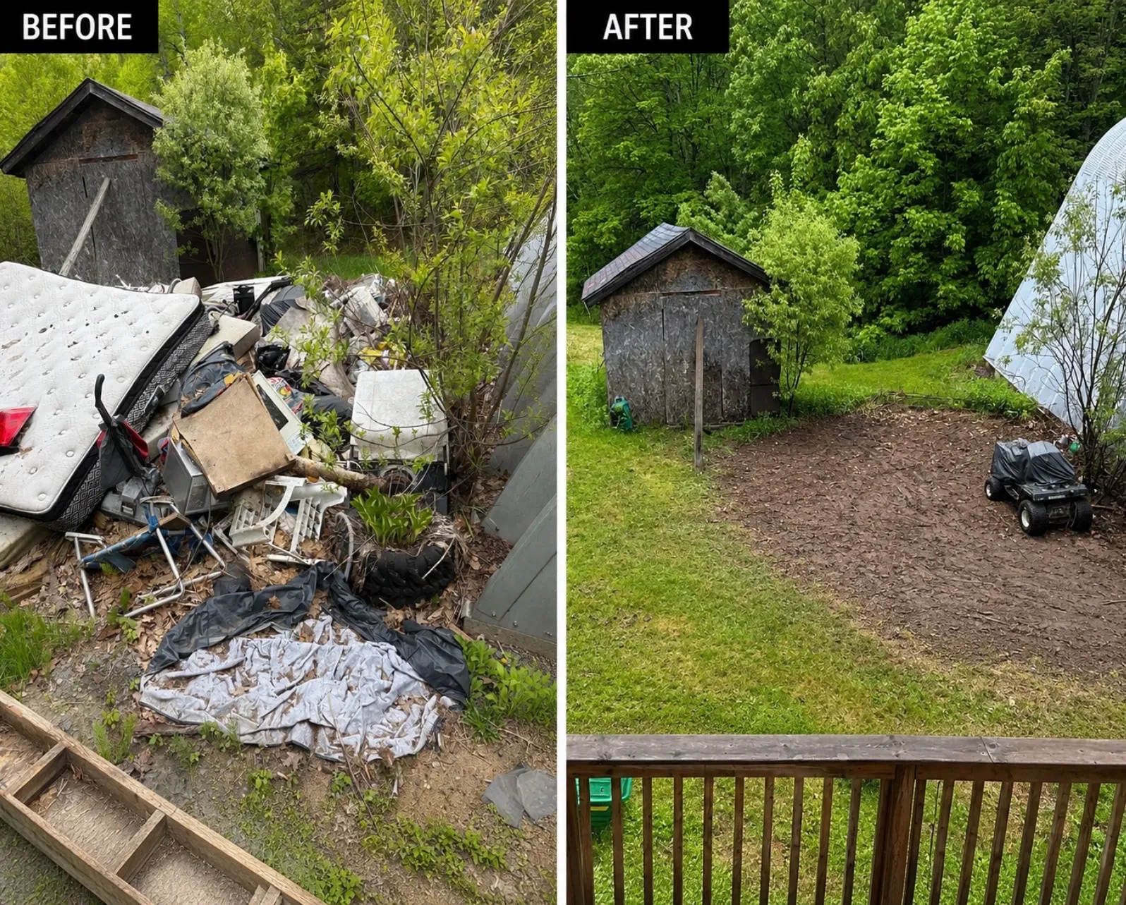 Before and after: a large pile of junk beside a backyard shed, completely cleared and graded by Muskoka Junk Removal
